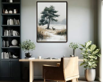 Winter Deer Wall Art Snowy Meadow Pine Tree Wildlife Landscape Nature Scenic Artwork