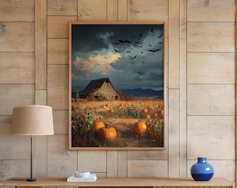 Pumpkin Barn Wall Art Moody Autumn Harvest Landscape Rustic Farm Scene