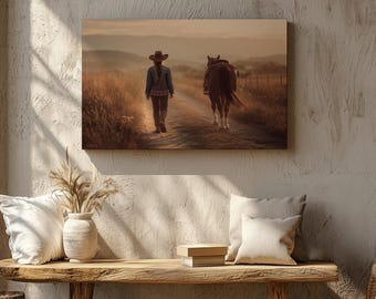 Western Cowgirl Horse Wall Art Sunset Ranch Landscape Country Riding Scenic Artwork