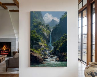 Mountain Waterfall Wall Art Lush Landscape Scenic River Nature Wilderness Peaceful Outdoor View