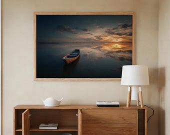 Muurkunst meer zonsondergang houten boot kalm reflecties gouden lucht