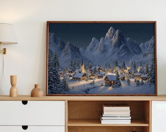 Winter Village Wall Art Snowy Mountain Christmas Night Landscape Artwork