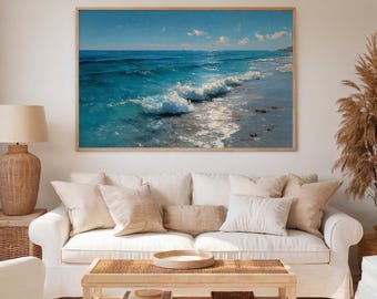 Coastal Ocean Wave Wall Art Canvas, Serene Blue Seascape Poster
