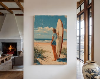 Retro Surf Girl Wall Art Beach Ocean Canvas Print Coastal Surfboard Artwork Vintage Summer Vibes Poster Seaside Surf Decor Coastal Print