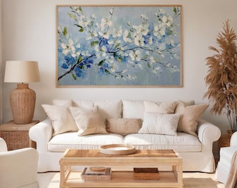 Muurkunst kersenbloesem witte lentebloemen botanische tak natuur bloemenkunstwerk
