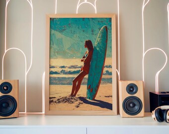 Coastal Surfer Wall Art Vintage Beach Sunset Ocean Lifestyle Artwork