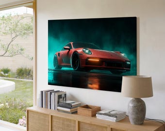 Neon Supercar Wall Art Rainy Night Red Sports Vehicle Automotive Artwork