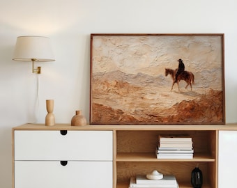 Muurkunst westerncowboy woestijnruiter te paard landschap rustiek landkunstwerk