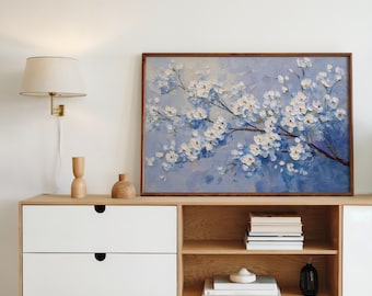 Bloemen tak muurkunst witte bloesems Botanisch schilderij blauwe achtergrond natuurkunstwerk print