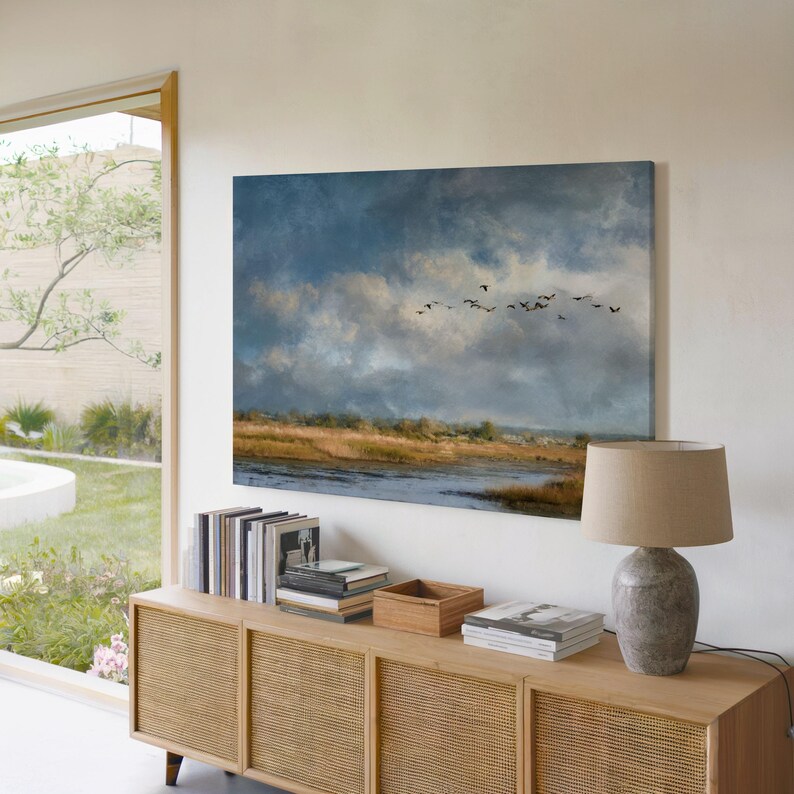 Wetland Landscape Wall Art Flying Birds Sky Marsh Nature Scenic Print ...