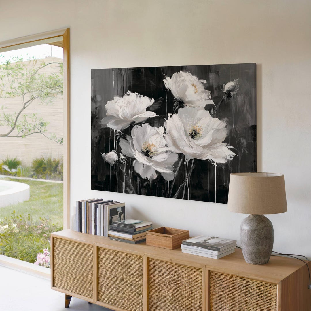 Elegant Abstract Wall Art White Floral Painting Dark Background Modern ...