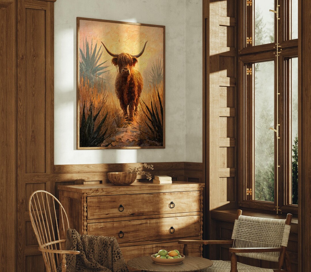 Highland Cow Wall Art Desert Landscape Longhorn Cattle Rustic Western ...