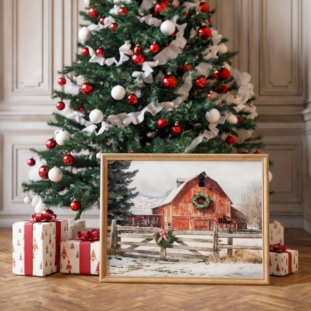 Rustic Red Barn Wall Art Winter Farm Christmas Scene - Etsy
