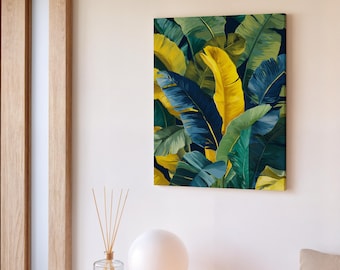 Decorazione murale con foglie di banano tropicale, stampa botanica audace, stile di arredamento per la casa blu, verde e giallo