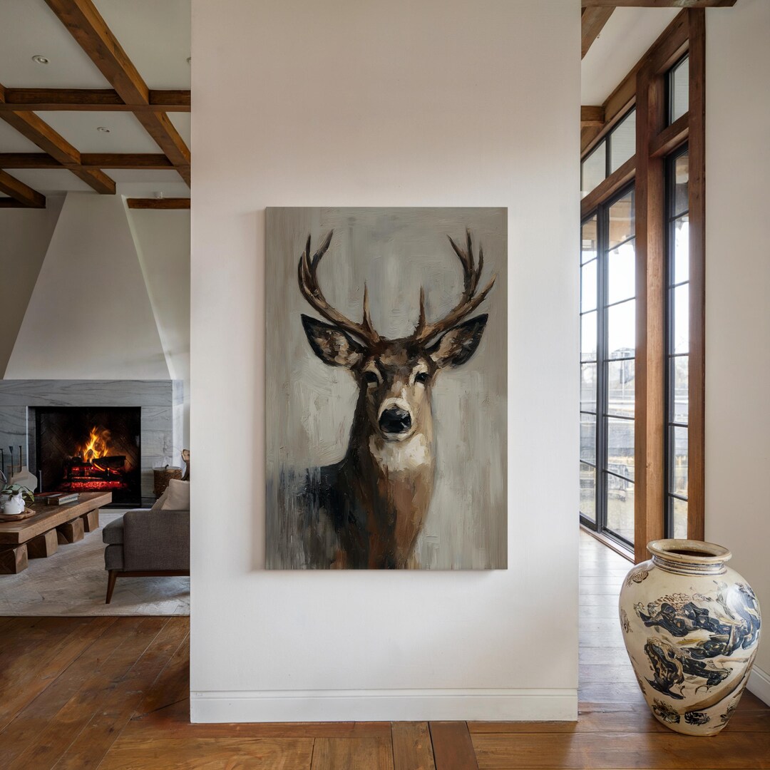 Majestic Deer Wall Art Minimalist Wildlife Portrait Neutral Rustic ...