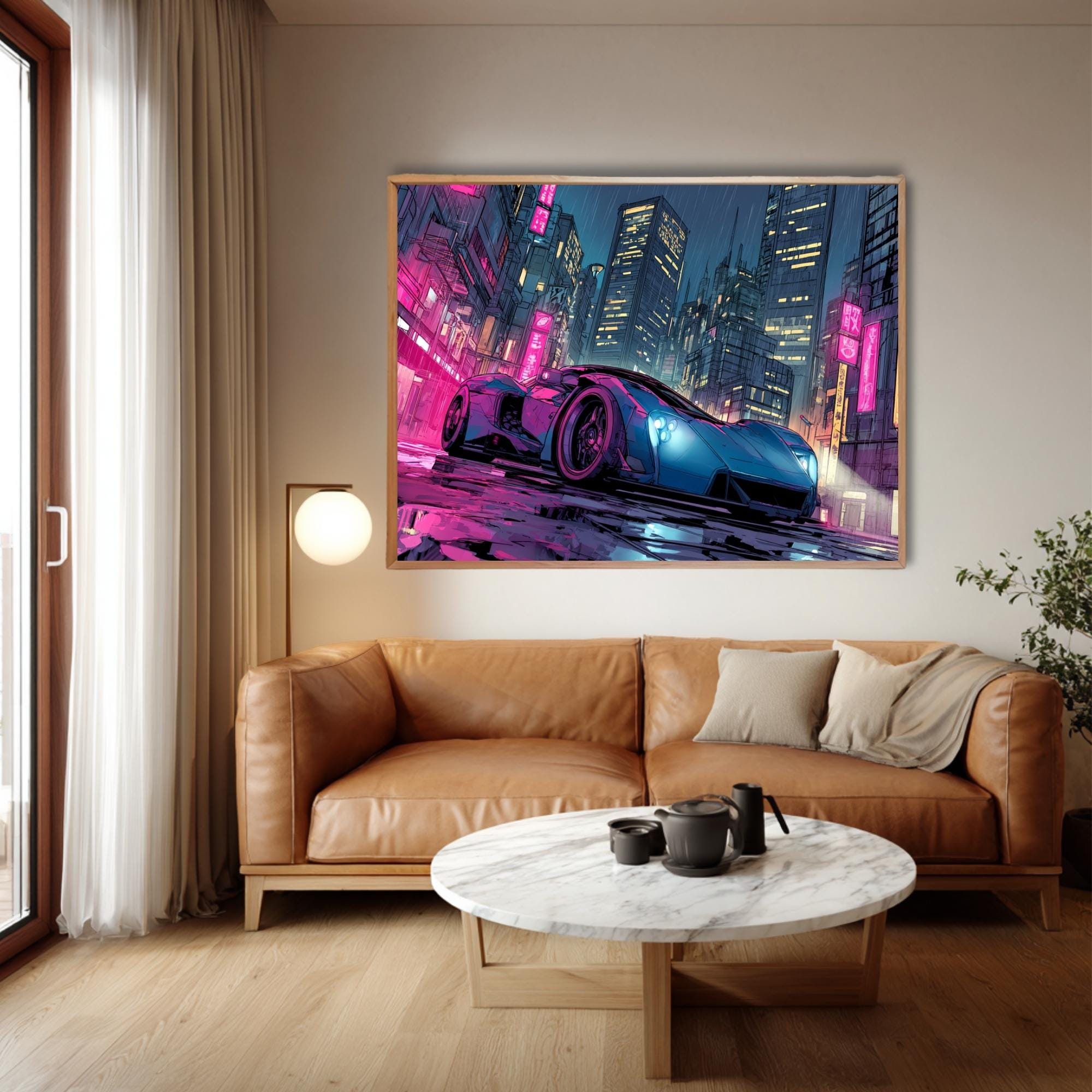 Cyberpunk Supercar Wall Art Neon Rain City Nightscape - Etsy