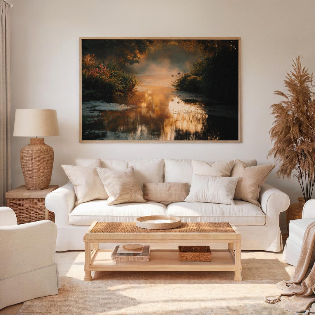 Golden Forest River Wall Art Misty Woodland Waterway Autumn Nature ...