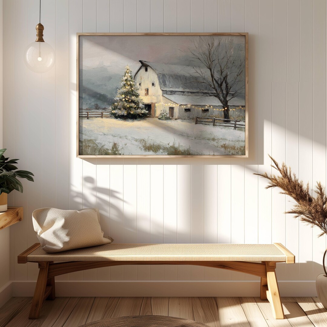 Rustic Barn Christmas Scene Wall Art Cozy Winter Farmhouse Holiday Art ...