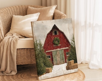 May include: A rustic wooden wall art print featuring a red barn with a green wreath and door, set in a snowy landscape with evergreen trees and hay bales. The artwork is displayed on a woven chair.