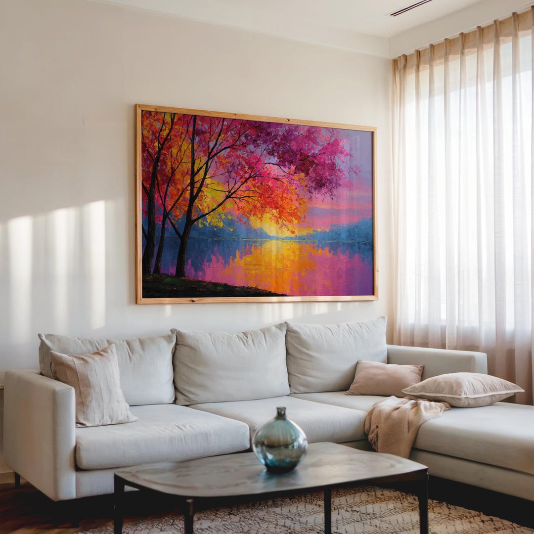 Colorful Tree Wall Art Sunset Lake Reflection Vibrant Landscape ...