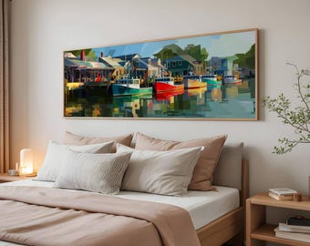 Harbor Wall Art Colorful Fishing Boats Dock Reflection Coastal Landscape Print