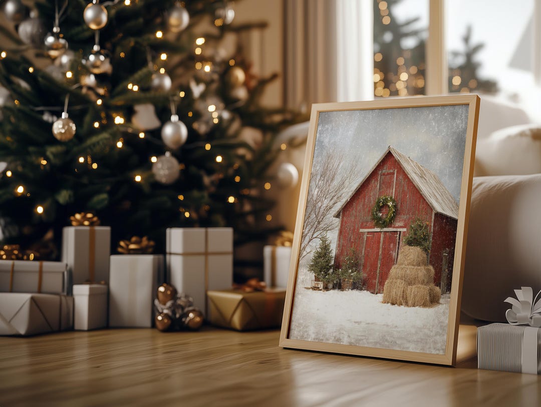 Rustic Red Barn Christmas Scene Wall Art With Wreath, Trees, and ...