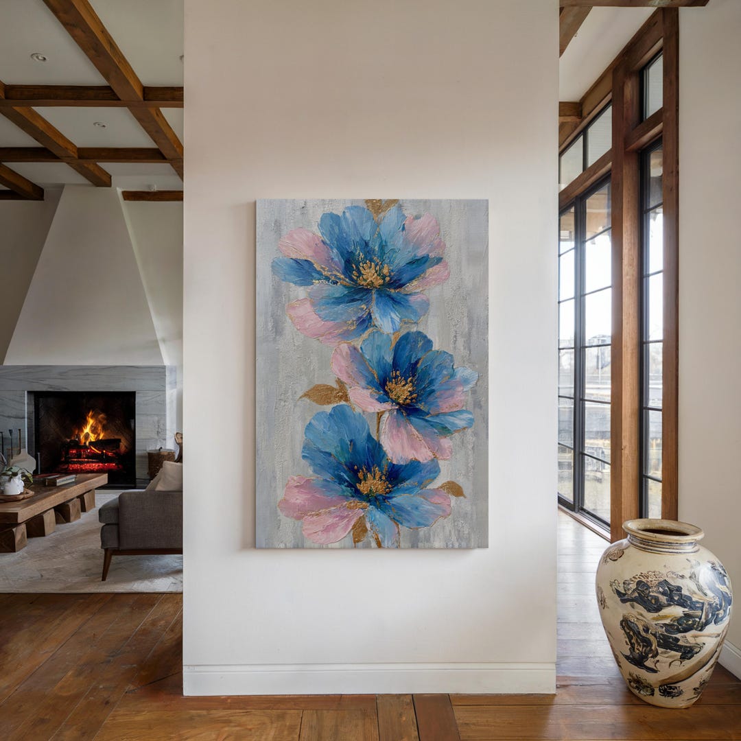 Blue Floral Wall Art Pink Gold Botanical Elegant Modern Bloom ...