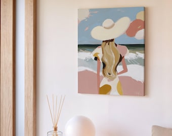 Strand muurkunst vrouw zonnehoed oceaan golven zomer kust schilderij print