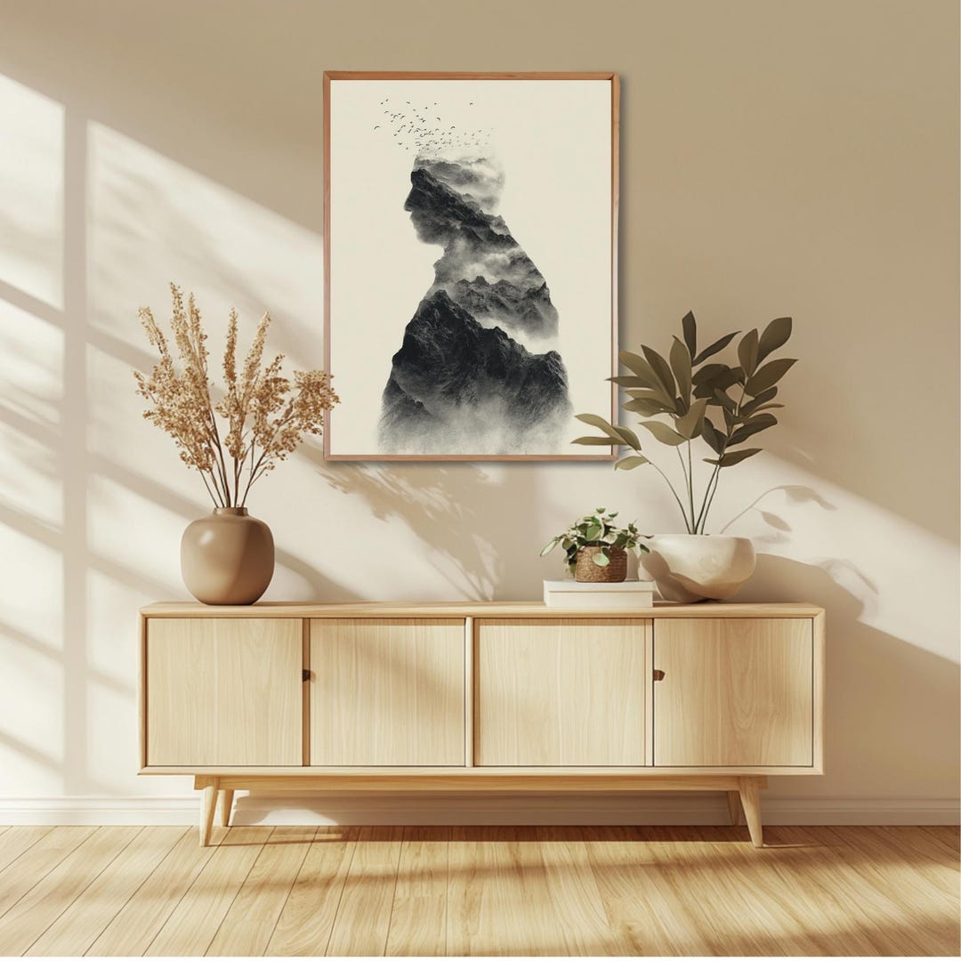 Double Exposure Mountain Silhouette Wall Art Misty Landscape Canvas ...