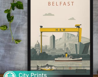 Belfast Art Print – Harland & Wolff Cranes, Northern Ireland City Wall Art, Modern Travel Passport