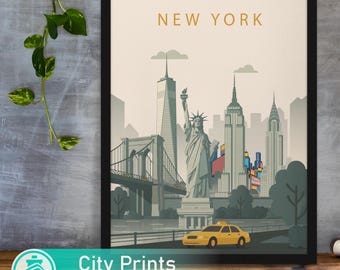 New York Skyline Poster Manhattan Waterfront Minimalist Travel Decor