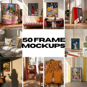 May include: A collection of framed art prints featuring various colorful illustrations. The prints showcase diverse themes, including a Dalmatian in a bathtub, still life with oranges, and abstract figures. The text "50 FRAME MOCKUPS" is displayed in the center.
