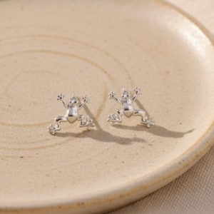 May include: A pair of silver frog stud earrings. The earrings are presented on a beige plate, set against a neutral backdrop. The frog design has detailed legs and arms, with a small heart-shaped body.
