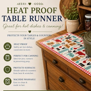 May include: A rectangular table runner with a red and white checkered border and a farm-themed print featuring red, blue, and brown animals on a white background. The text on the image reads HEAT PROOF TABLE RUNNER, Great for hot dishes & canning!