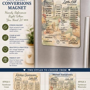 May include: A rectangular kitchen conversion magnet featuring a watercolor illustration of chickens and eggs. The magnet displays volume and temperature conversion charts with text including Kitchen Conversions, Little Hill, and butter measurements.