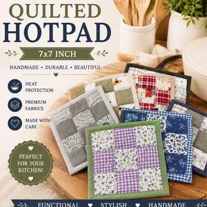 May include: A collection of square quilted hotpads measuring 7x7 inches, featuring various fabric patterns including floral, gingham, and paisley prints in shades of green, purple, blue, red, and grey, with stitched grid designs.