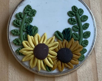 Botanical Clay Necklace - sunflower and laurel on white background. Simple style will go with anything. great gift.