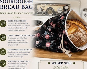 Extra Large sourdough Bag with cotton pattern outside, foodsafe PUL Liner: BPA-Free, Double-Lined