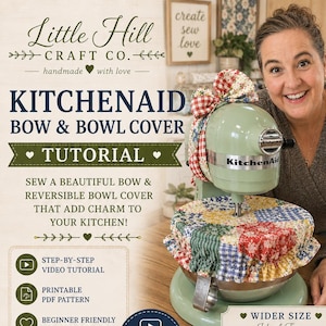 May include: A sewing tutorial for a KitchenAid bow and reversible bowl cover featuring a light green stand mixer adorned with a red and white checkered bow and a multi-colored patchwork fabric bowl cover with a ruffled edge and floral patterns.