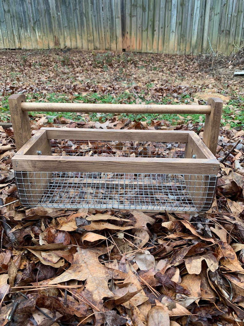 May include: A rustic wooden basket with a wire insert and a wooden handle. The basket is sitting on a bed of brown leaves.