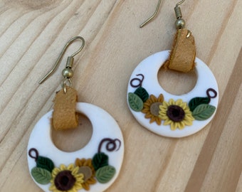 Sunflower and vintage leather polymer clay earrings