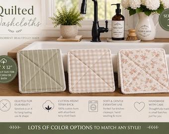 Quilted Washcloths Set of 3- 100% Cotton Kitchen or Bath Cloths, Terry Cloth Back, Handmade Reusable Washcloths 11x11