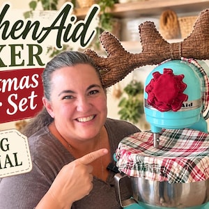 May include: A turquoise stand mixer decorated with a brown fabric antler set, a red fabric nose attachment, and a red, white, and green plaid bowl cover. The text on the image reads KitchenAid MIXER Christmas Antler Set.