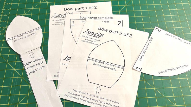 May include: White paper sewing templates labeled Bow part 1 of 2, Bow part 2 of 2, and Bowl cover template. The pages feature black outlines, arrows, and text instructions including once printed this line should be 4.5 inches wide.