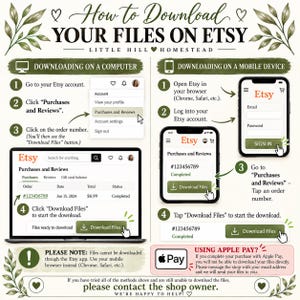 May include: An instructional graphic titled How to Download Your Files on Etsy by Little Hill Homestead. It provides step-by-step visual guides for downloading digital files on a computer and a mobile device, including notes on Apple Pay and contact info.