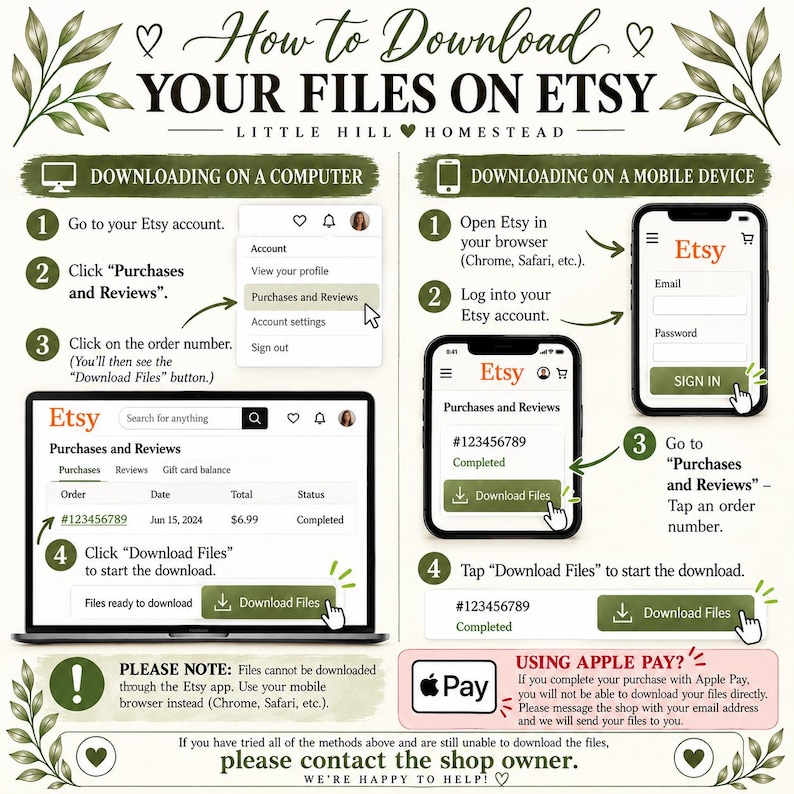 May include: An instructional graphic titled How to Download Your Files on Etsy by Little Hill Homestead. It provides step-by-step visual guides for downloading digital files on a computer and a mobile device, including notes on Apple Pay and contact info.