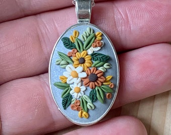 lovely one of a kind Necklace - Fall color bouquet with gray background. Slight sparkle in the background when moved. Lots of detail