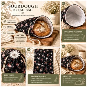 May include: A black sourdough bread bag with a floral pattern, holding a loaf of bread. The bag has a drawstring closure and a white interior. Text on the bag reads "SOURDOUGH BREAD BAG" and "FRESH BREAD. BETTER WAY TO STORE."