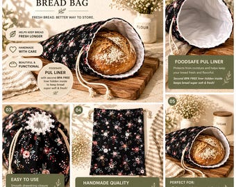 Extra Large sourdough Bag with cotton pattern outside, foodsafe PUL Liner: BPA-Free, Double-Lined