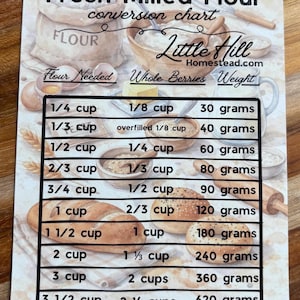 May include: A watercolor-style conversion chart for fresh milled flour, with measurements in cups and grams. The chart includes text that reads "Fresh Milled Flour" and "Little Hill Homestead.com". The chart shows conversions for whole berries.